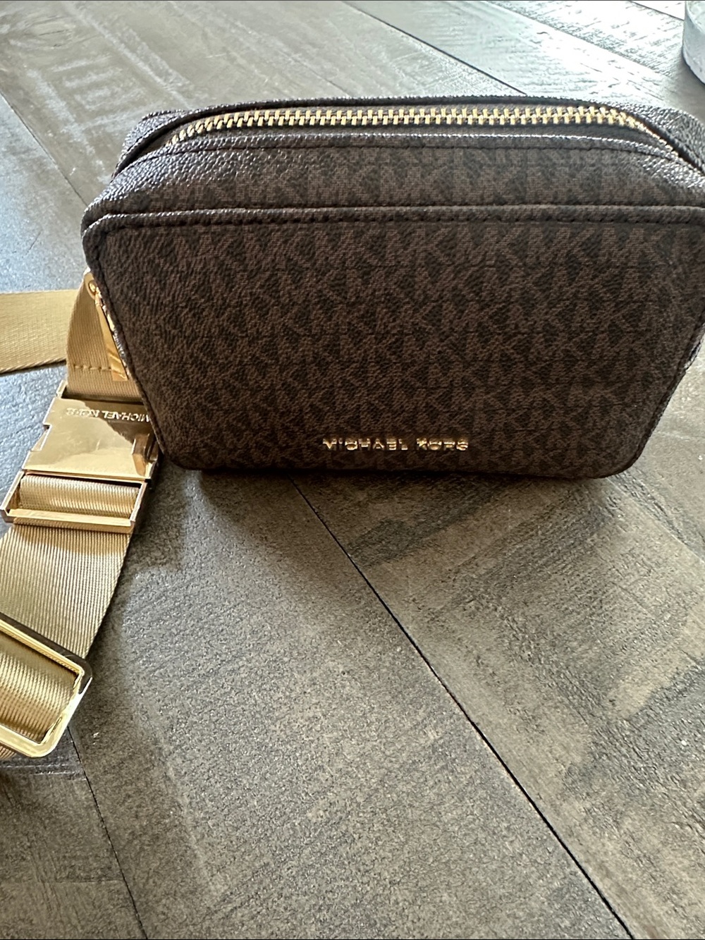 Michael Kors Dark Brown Signature Belt Bag with Gold Hardware